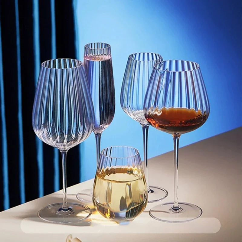 Hand-Blown Ribbed Crystal Red and White Wine Glasses