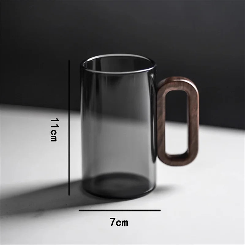 350ml High Borosilicate Glass Coffee Cup with Walnut Wooden Handle