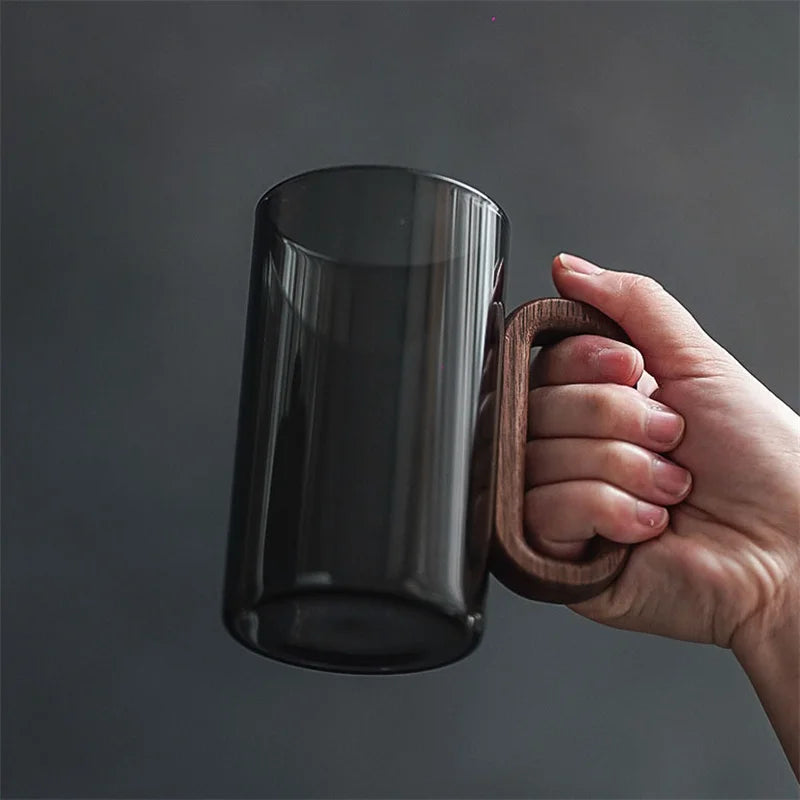 350ml High Borosilicate Glass Coffee Cup with Walnut Wooden Handle