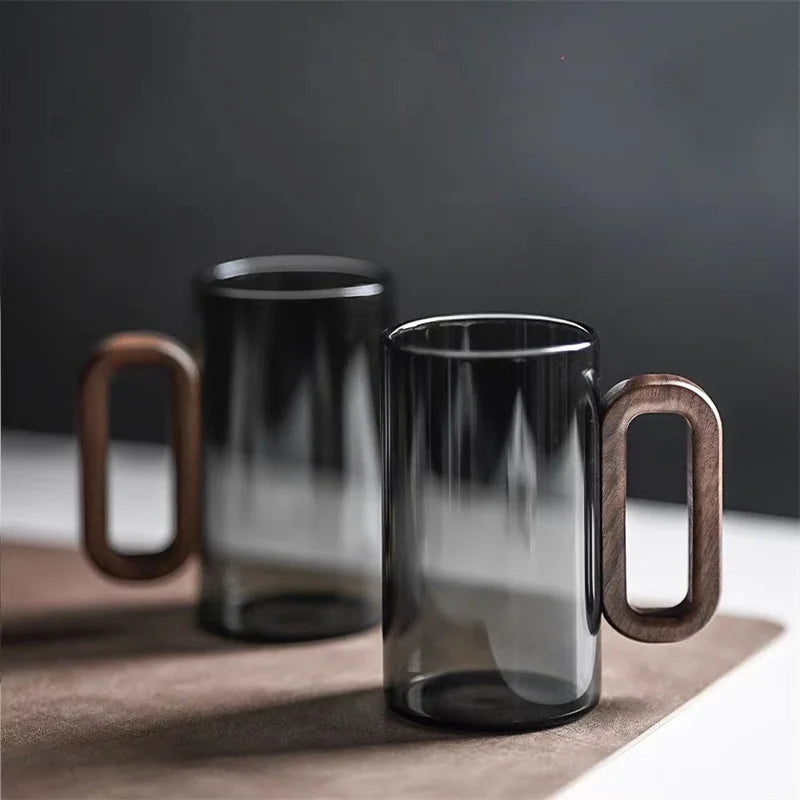 350ml High Borosilicate Glass Coffee Cup with Walnut Wooden Handle