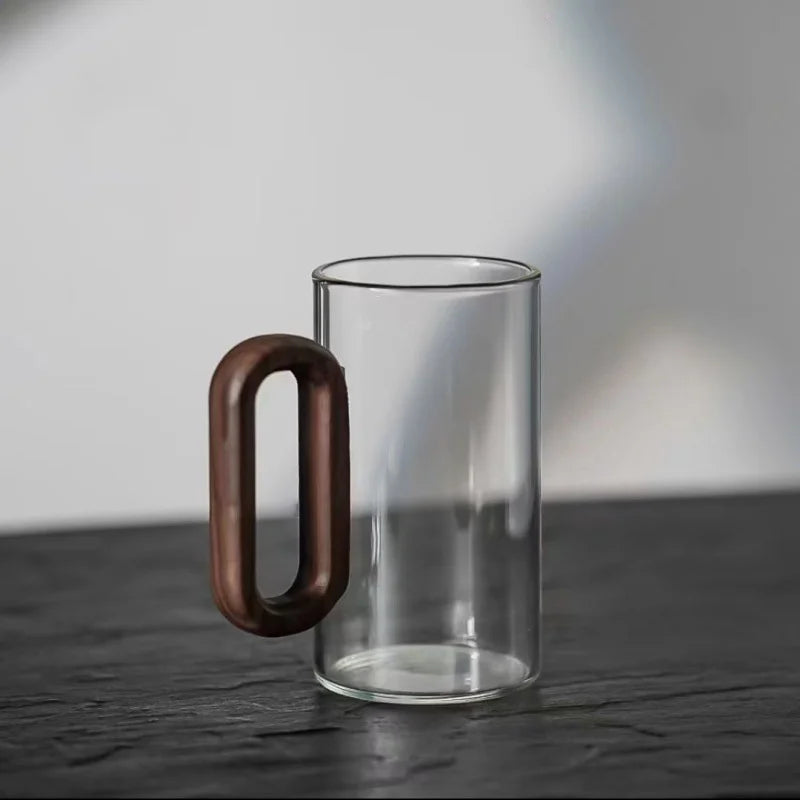 350ml High Borosilicate Glass Coffee Cup with Walnut Wooden Handle