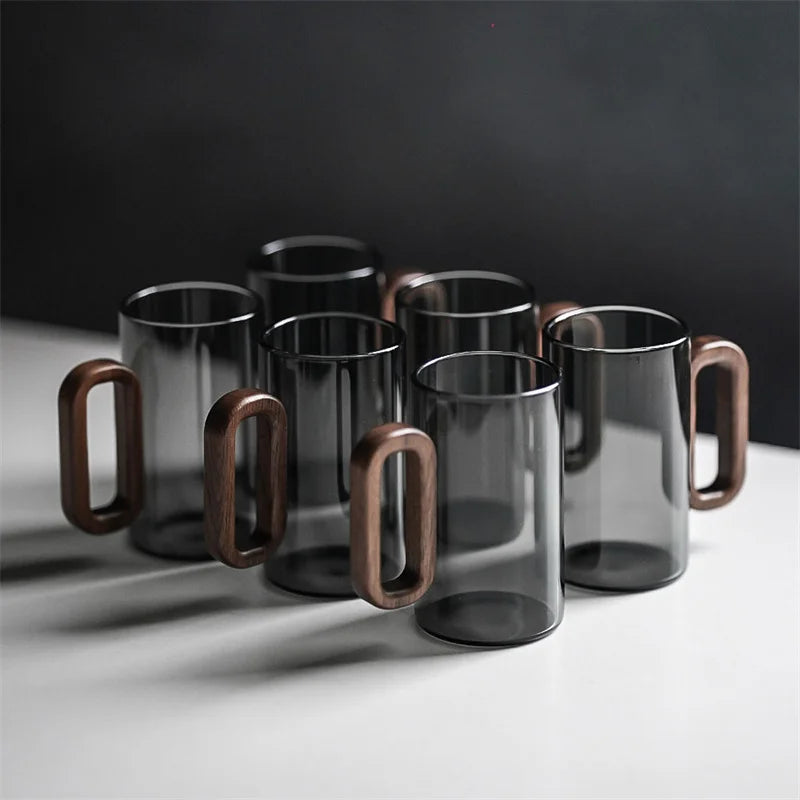 350ml High Borosilicate Glass Coffee Cup with Walnut Wooden Handle