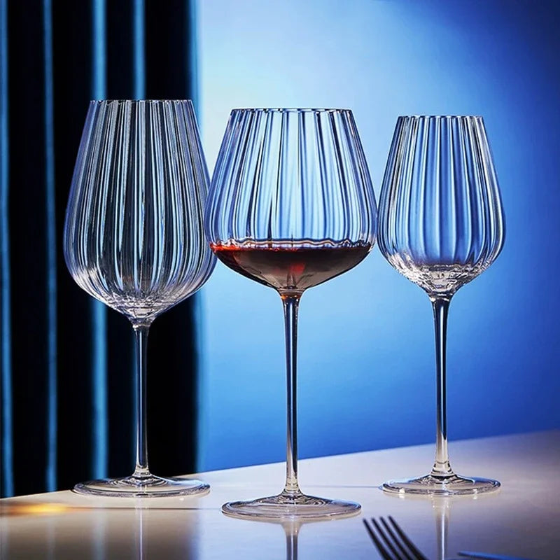 Hand-Blown Ribbed Crystal Red and White Wine Glasses