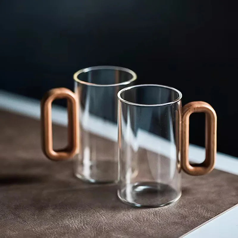 350ml High Borosilicate Glass Coffee Cup with Walnut Wooden Handle